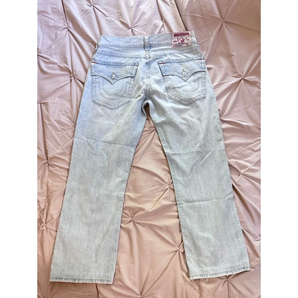 True Religion Mens Straight Seat Light Wash Distressed Y2K Jeans Size 34